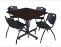 Kobe 48" Square Breakroom Table - Mocha Walnut  & 4 'M' Stack Chairs - Black