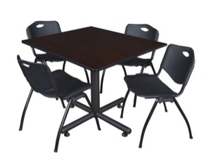 Kobe 48" Square Breakroom Table - Mocha Walnut  & 4 'M' Stack Chairs - Black