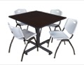 Kobe 48" Square Breakroom Table - Mocha Walnut  & 4 'M' Stack Chairs - Grey
