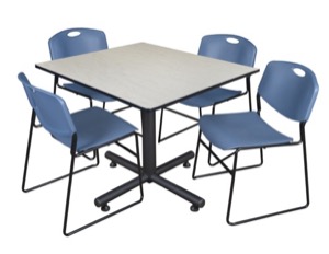 Kobe 48" Square Breakroom Table - Maple & 4 Zeng Stack Chairs - Blue