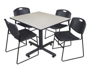 Kobe 48" Square Breakroom Table - Maple & 4 Zeng Stack Chairs - Black