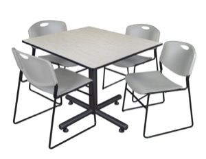 Kobe 48" Square Breakroom Table - Maple & 4 Zeng Stack Chairs - Grey