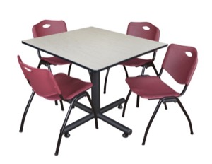 Kobe 48" Square Breakroom Table - Maple & 4 'M' Stack Chairs - Burgundy