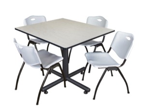 Kobe 48" Square Breakroom Table - Maple & 4 'M' Stack Chairs - Grey