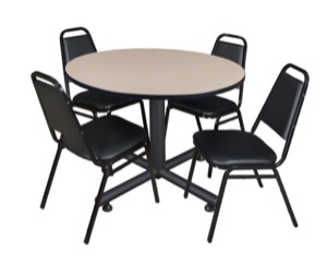 Kobe 48" Round Breakroom Table - Beige & 4 Restaurant Stack Chairs - Black