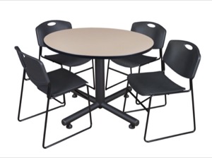 Kobe 48" Round Breakroom Table - Beige & 4 Zeng Stack Chairs - Black