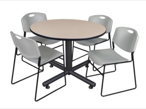 Kobe 48" Round Breakroom Table - Beige & 4 Zeng Stack Chairs - Grey