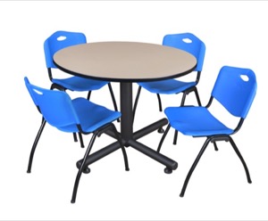 Kobe 48" Round Breakroom Table - Beige & 4 'M' Stack Chairs - Blue