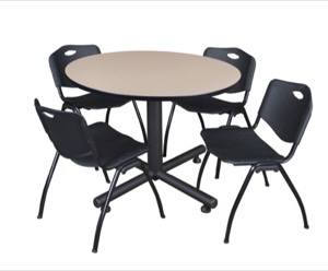 Kobe 48" Round Breakroom Table - Beige & 4 'M' Stack Chairs - Black