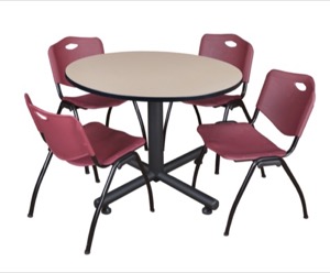 Kobe 48" Round Breakroom Table - Beige & 4 'M' Stack Chairs - Burgundy