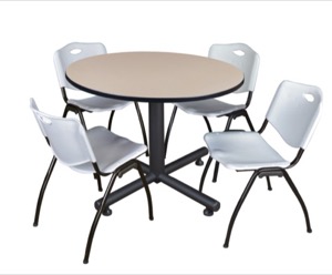 Kobe 48" Round Breakroom Table - Beige & 4 'M' Stack Chairs - Grey