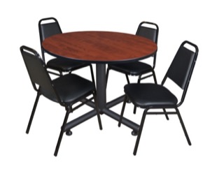 Kobe 48" Round Breakroom Table - Cherry & 4 Restaurant Stack Chairs - Black