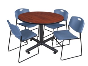 Kobe 48" Round Breakroom Table - Cherry & 4 Zeng Stack Chairs - Blue
