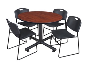 Kobe 48" Round Breakroom Table - Cherry & 4 Zeng Stack Chairs - Black