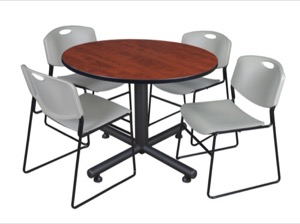 Kobe 48" Round Breakroom Table - Cherry & 4 Zeng Stack Chairs - Grey