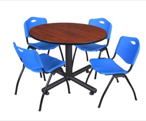 Kobe 48" Round Breakroom Table - Cherry & 4 'M' Stack Chairs - Blue