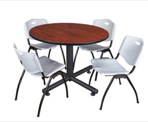 Kobe 48" Round Breakroom Table - Cherry & 4 'M' Stack Chairs - Grey