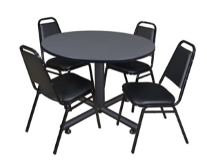 Kobe 48" Round Breakroom Table - Grey & 4 Restaurant Stack Chairs - Black