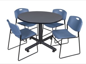 Kobe 48" Round Breakroom Table - Grey & 4 Zeng Stack Chairs - Blue