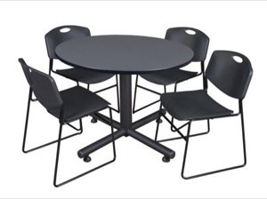 Kobe 48" Round Breakroom Table - Grey & 4 Zeng Stack Chairs - Black