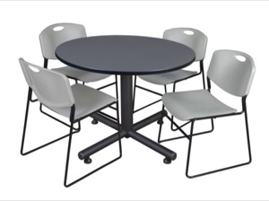 Kobe 48" Round Breakroom Table - Grey & 4 Zeng Stack Chairs - Grey
