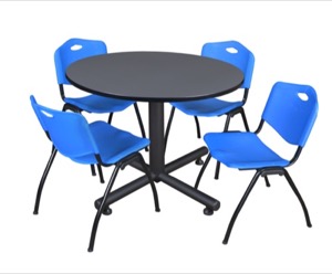 Kobe 48" Round Breakroom Table - Grey & 4 'M' Stack Chairs - Blue