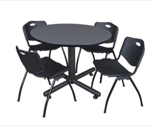 Kobe 48" Round Breakroom Table - Grey & 4 'M' Stack Chairs - Black
