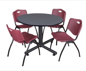 Kobe 48" Round Breakroom Table - Grey & 4 'M' Stack Chairs - Burgundy