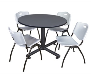 Kobe 48" Round Breakroom Table - Grey & 4 'M' Stack Chairs - Grey