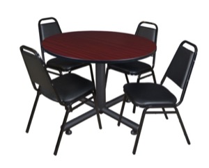 Kobe 48" Round Breakroom Table - Mahogany & 4 Restaurant Stack Chairs - Black