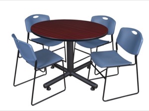 Kobe 48" Round Breakroom Table - Mahogany & 4 Zeng Stack Chairs - Blue