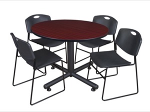 Kobe 48" Round Breakroom Table - Mahogany & 4 Zeng Stack Chairs - Black