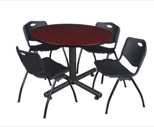 Kobe 48" Round Breakroom Table - Mahogany & 4 'M' Stack Chairs - Black