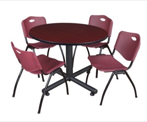 Kobe 48" Round Breakroom Table - Mahogany & 4 'M' Stack Chairs - Burgundy