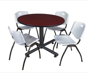 Kobe 48" Round Breakroom Table - Mahogany & 4 'M' Stack Chairs - Grey