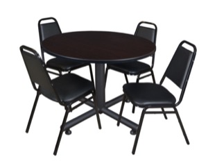Kobe 48" Round Breakroom Table - Mocha Walnut  & 4 Restaurant Stack Chairs - Black