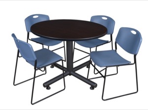 Kobe 48" Round Breakroom Table - Mocha Walnut  & 4 Zeng Stack Chairs - Blue