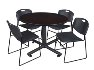Kobe 48" Round Breakroom Table - Mocha Walnut  & 4 Zeng Stack Chairs - Black