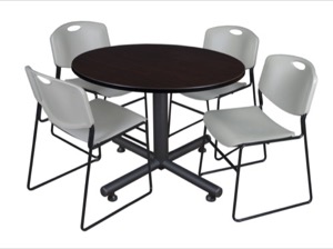 Kobe 48" Round Breakroom Table - Mocha Walnut  & 4 Zeng Stack Chairs - Grey