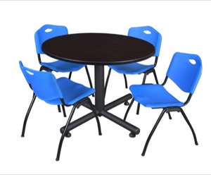 Kobe 48" Round Breakroom Table - Mocha Walnut  & 4 'M' Stack Chairs - Blue