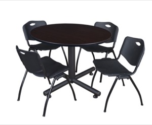 Kobe 48" Round Breakroom Table - Mocha Walnut  & 4 'M' Stack Chairs - Black