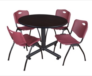Kobe 48" Round Breakroom Table - Mocha Walnut  & 4 'M' Stack Chairs - Burgundy