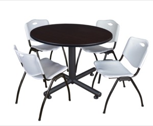 Kobe 48" Round Breakroom Table - Mocha Walnut  & 4 'M' Stack Chairs - Grey
