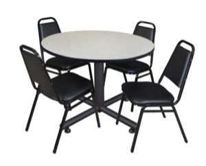 Kobe 48" Round Breakroom Table - Maple & 4 Restaurant Stack Chairs - Black