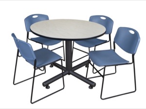 Kobe 48" Round Breakroom Table - Maple & 4 Zeng Stack Chairs - Blue