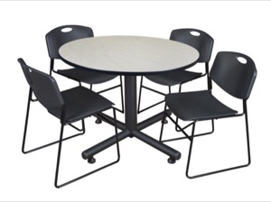 Kobe 48" Round Breakroom Table - Maple & 4 Zeng Stack Chairs - Black
