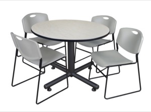 Kobe 48" Round Breakroom Table - Maple & 4 Zeng Stack Chairs - Grey