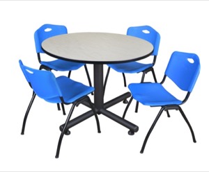 Kobe 48" Round Breakroom Table - Maple & 4 'M' Stack Chairs - Blue