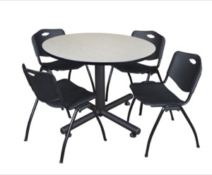 Kobe 48" Round Breakroom Table - Maple & 4 'M' Stack Chairs - Black