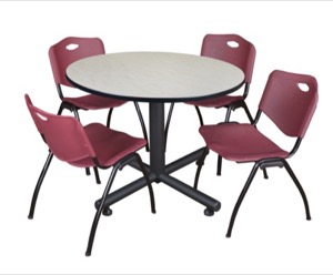 Kobe 48" Round Breakroom Table - Maple & 4 'M' Stack Chairs - Burgundy